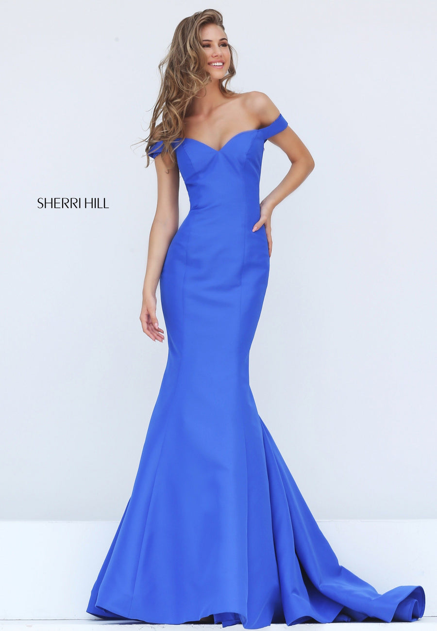 Sherri Hill style 50823 in royal, Taffeta Off-the-Shoulder Mermaid Gown