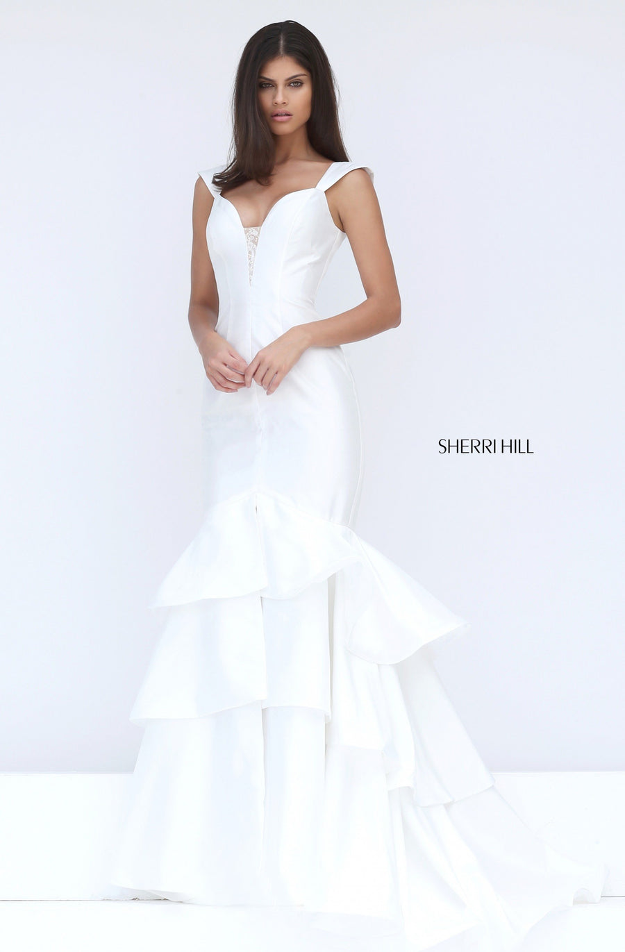 Sherri Hill style 50915 in ivory, Ruffle Mermaid Slit in the Skirt