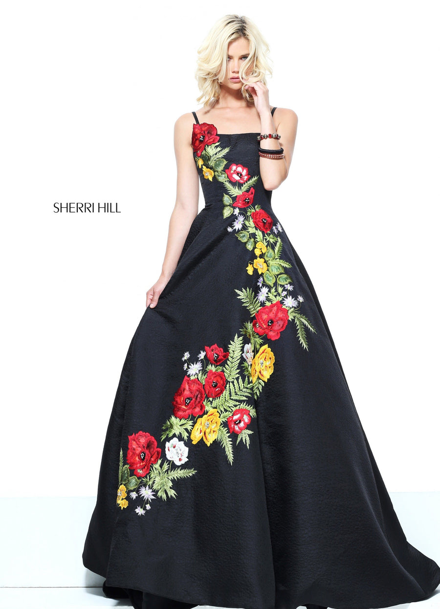 Sherri Hill style 50830 in black/multi, A-Line Gown with Embroidered Floral Design