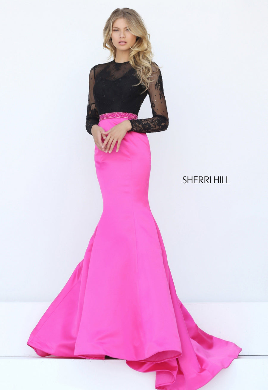 Sherri Hill style 50916 in black/fuchsia, Lace Bodice with Satin Mermaid Skirt