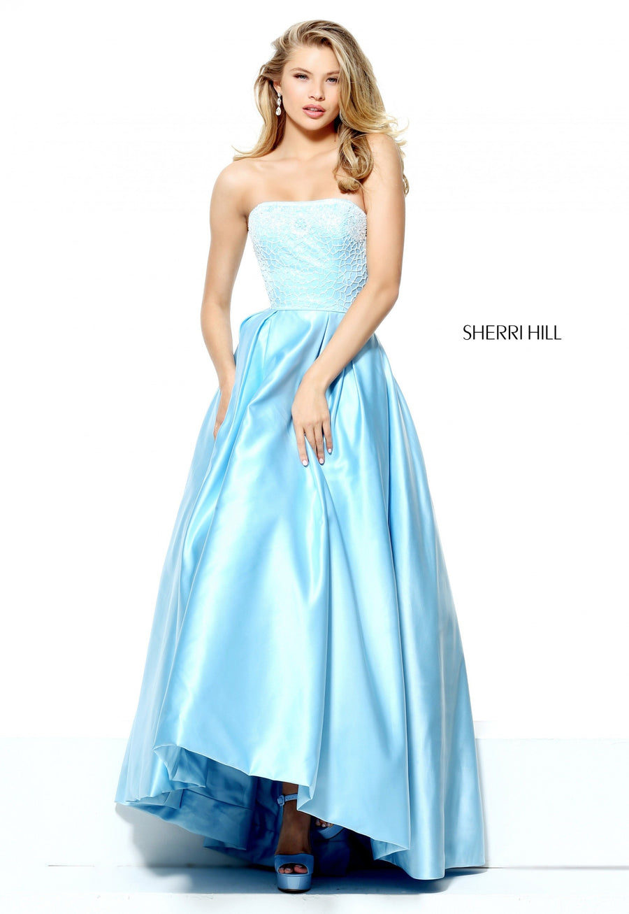 Sherri Hill style 50833 in blush, One-Shoulder Satin High-Low Gown