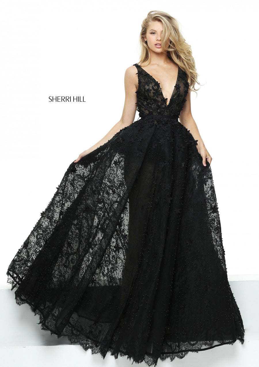 Sherri Hill style 50836 in black, Lace Ball Gown with Flower Appliques