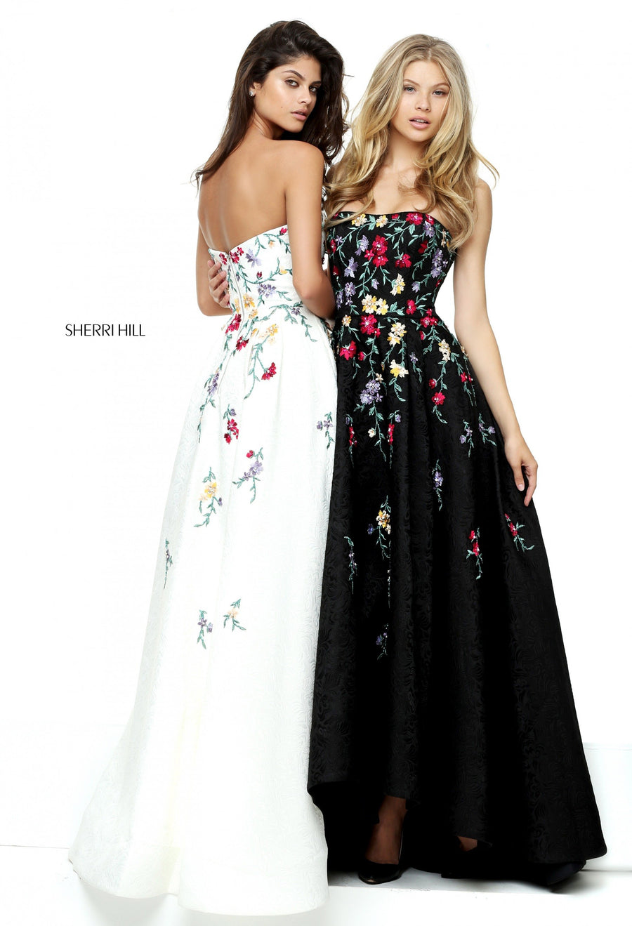 Sherri Hill style 50838 in ivory/multi, Strapless Audrey Length Gown