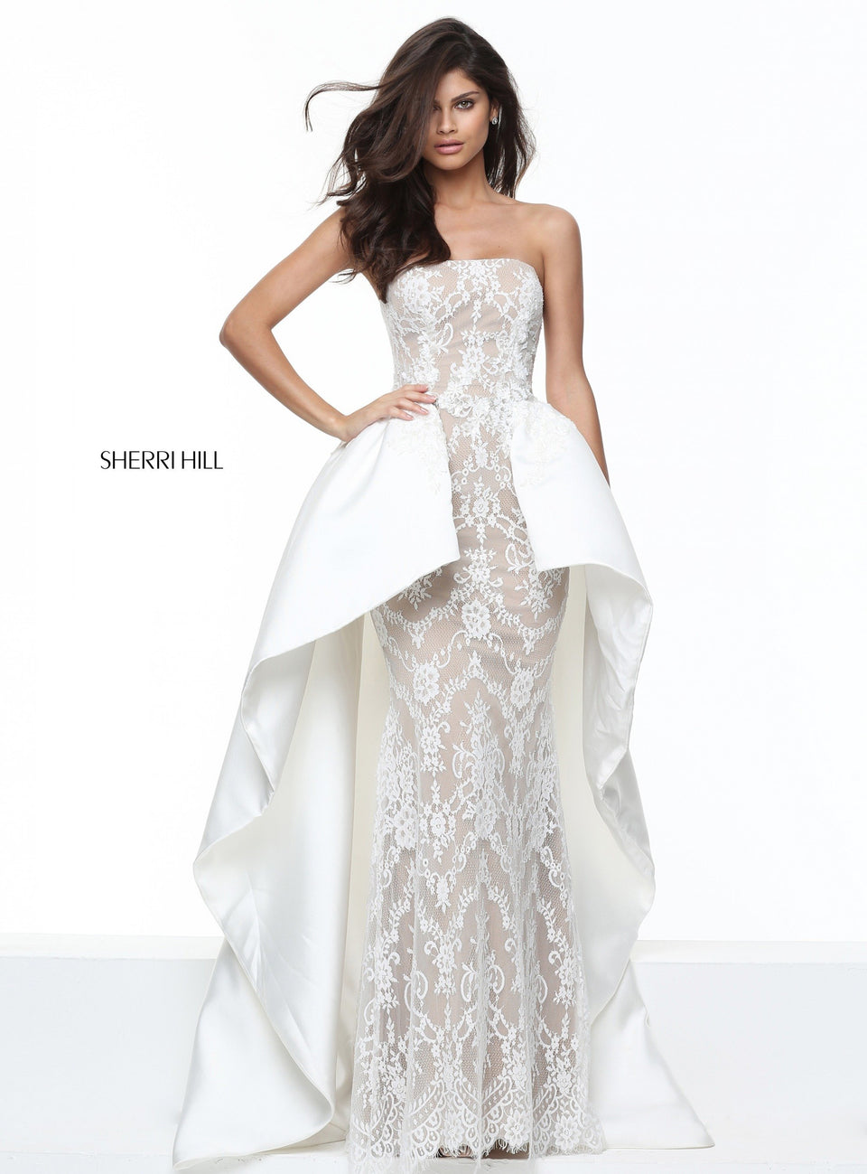 sherri hill Strapless lace column with taffeta overskirt | Clothing