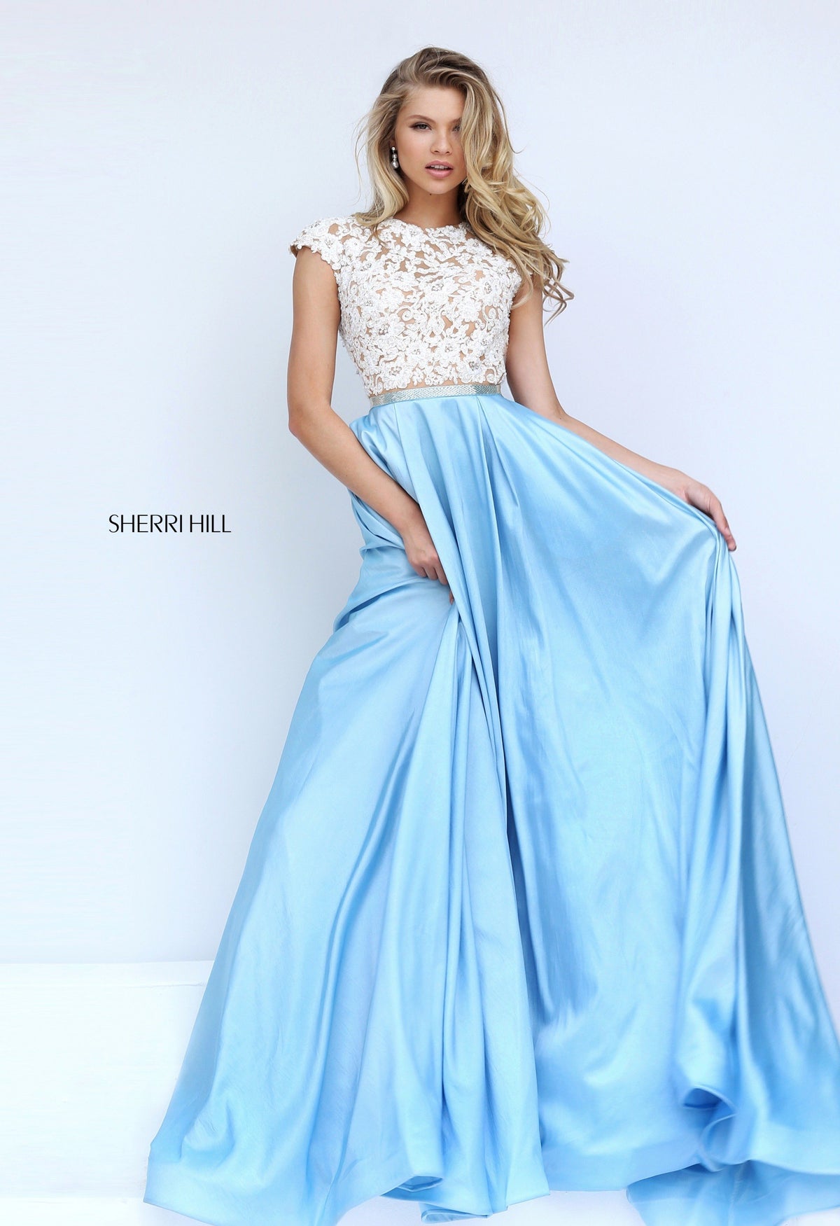 Sherri Hill 50843 taffeta ball gown in ivory/blue