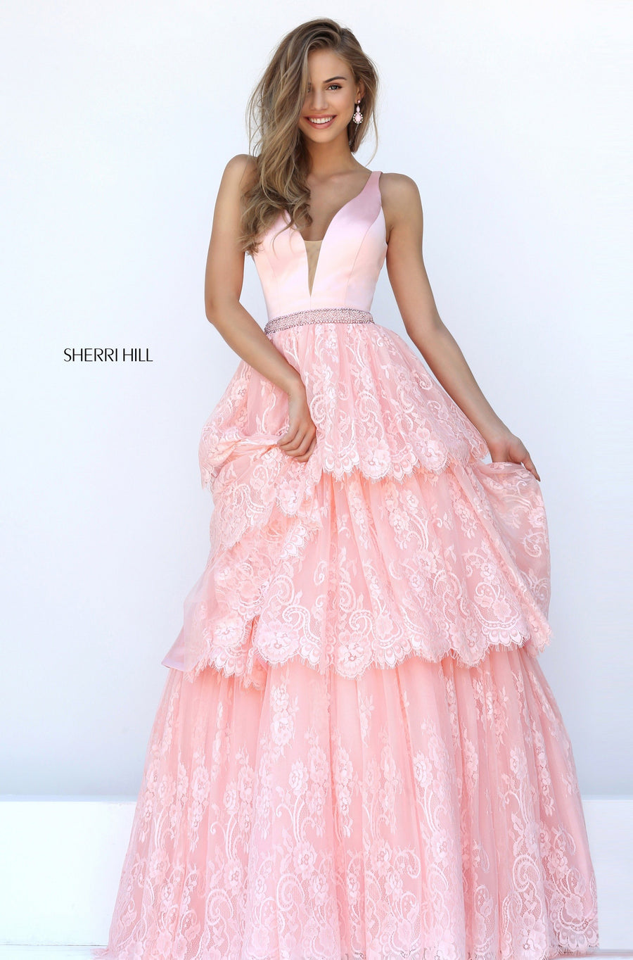 Sherri Hill style 50844 in red, Satin Bodice with Three Tiered Lace Skirt