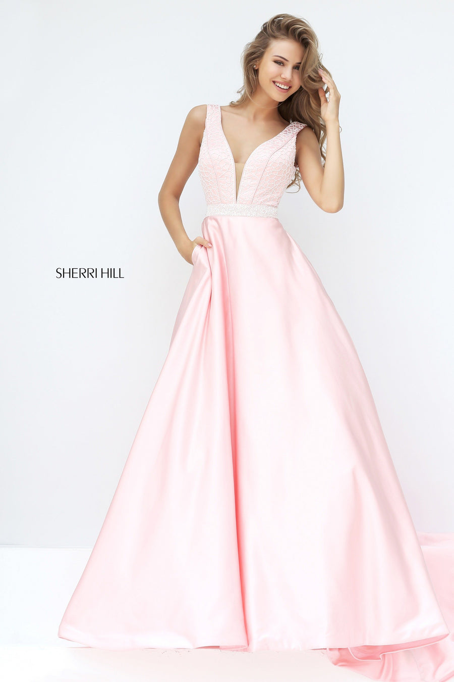 Sherri Hill style 50847 in blush, V-Neck Satin Ball Gown