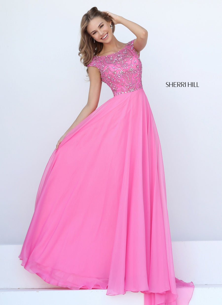 Sherri Hill style 50849 in orange, Cap Sleeve Bodice with Chiffon Skirt