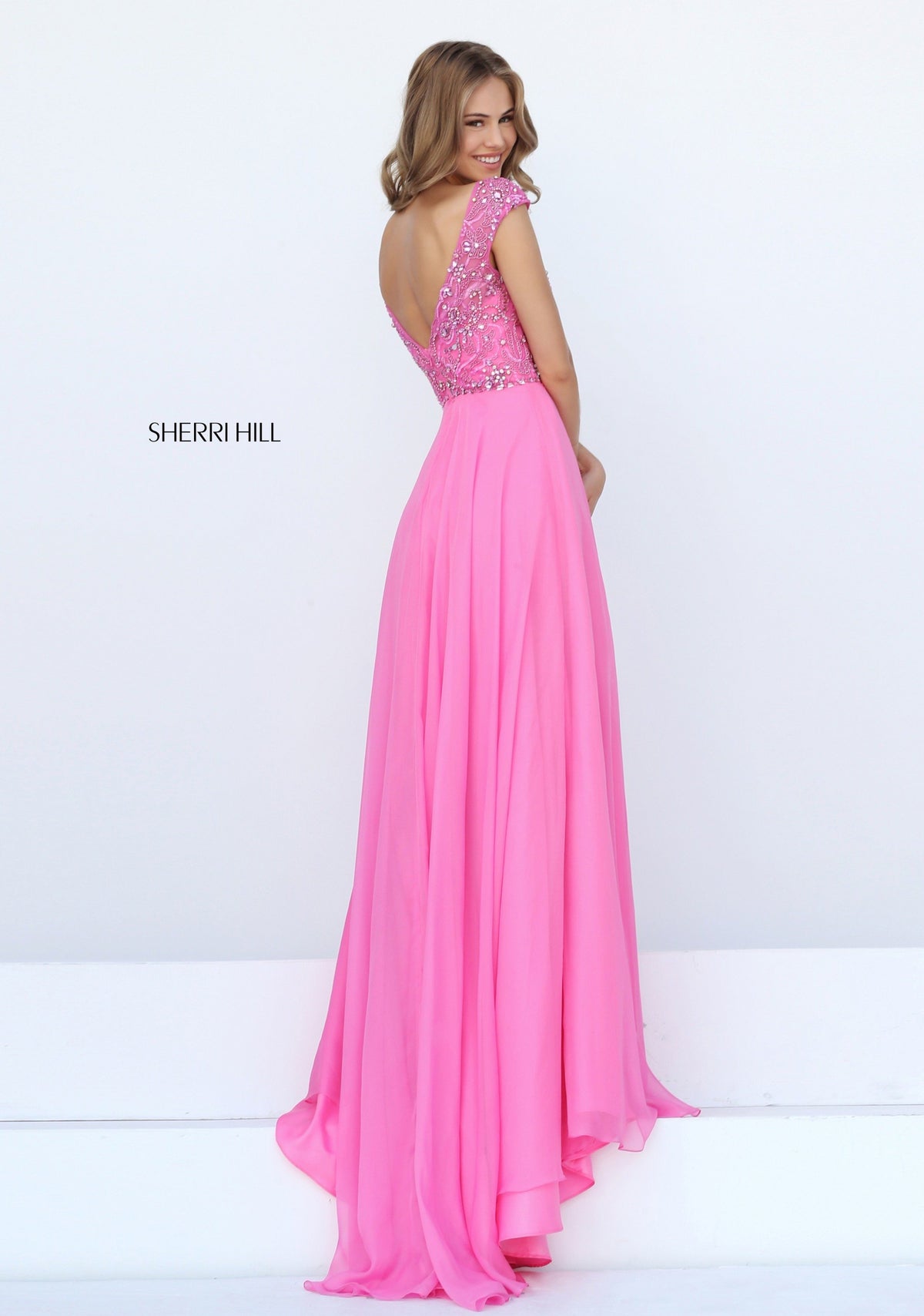 Sherri Hill 50849 cap sleeve bodice with chiffon skirt
