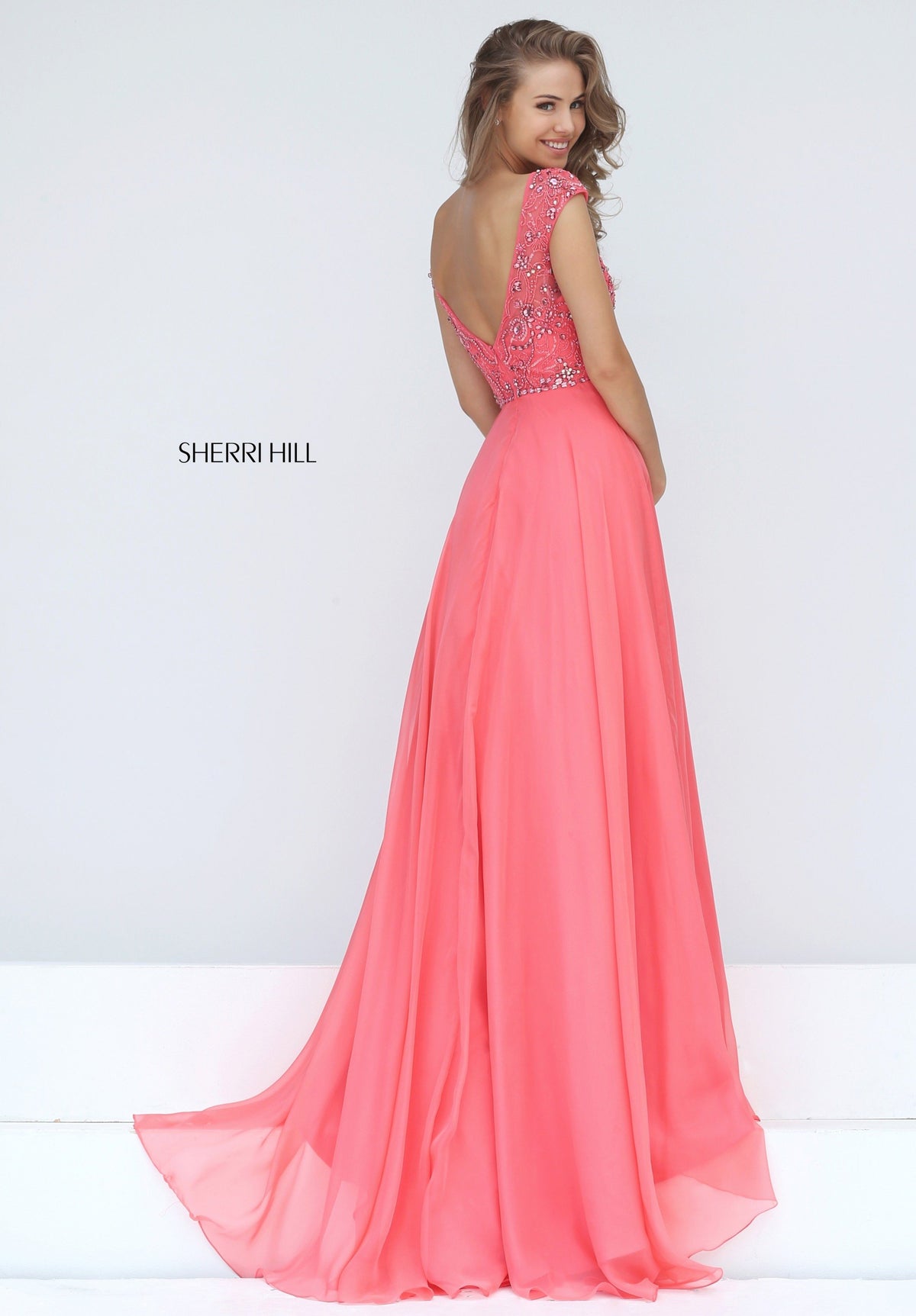 Sherri Hill 50849 cap sleeve bodice with chiffon skirt
