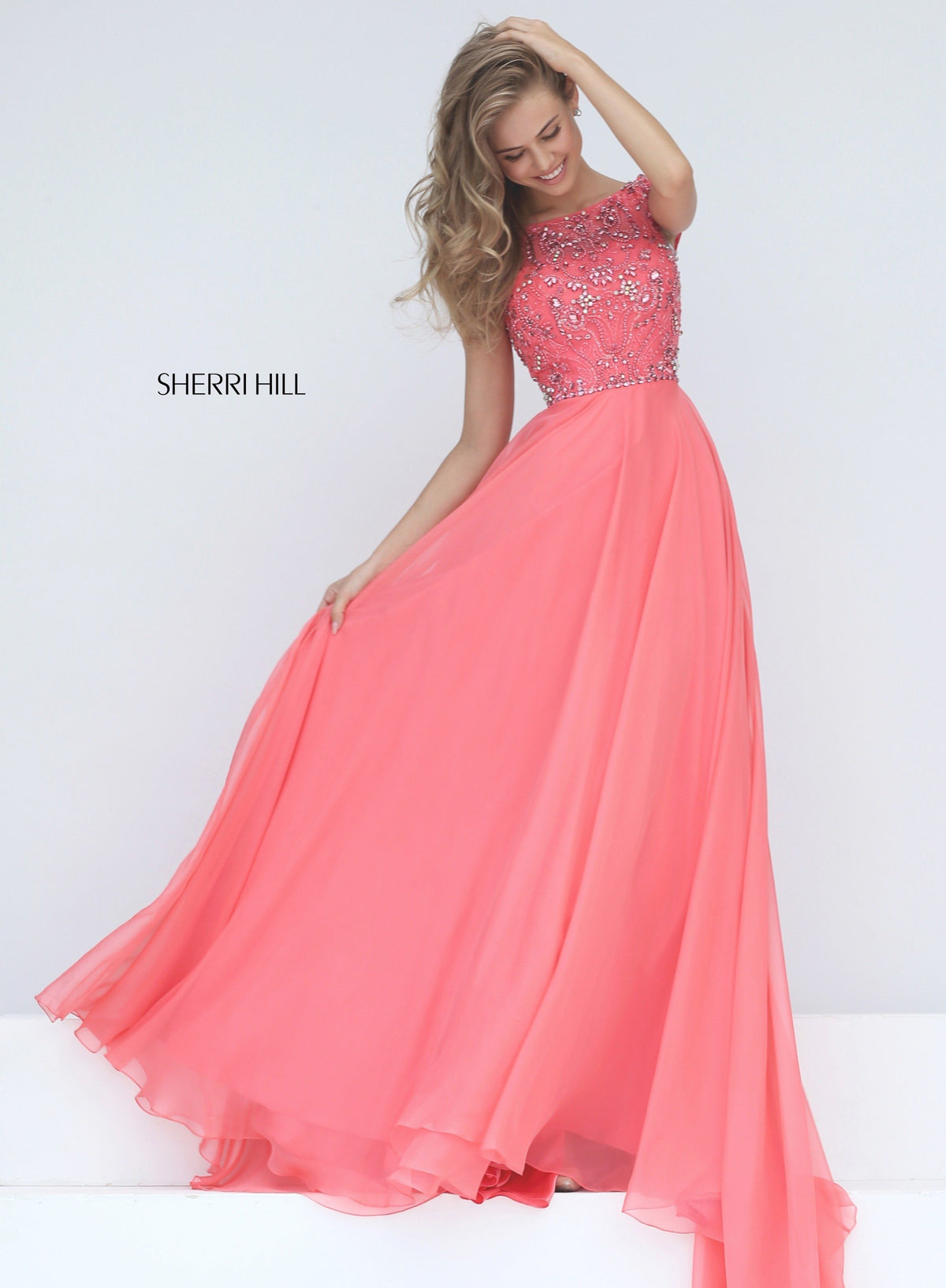 Sherri Hill 50849 cap sleeve bodice with chiffon skirt in coral