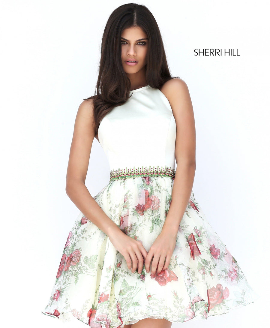 Sherri Hill style 50853 in light green print, Floral Organza Print Cocktail Gown