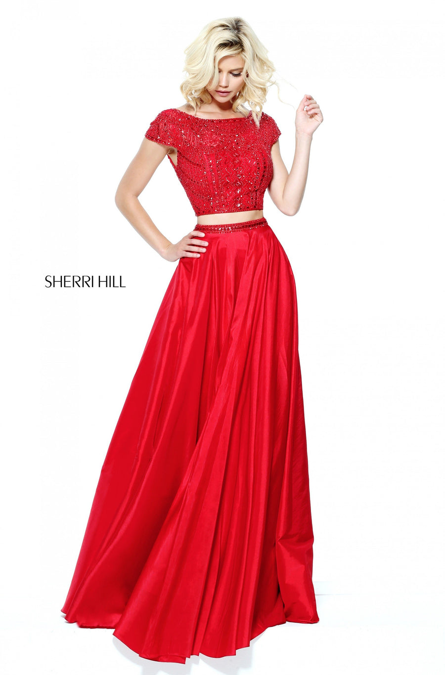 Sherri Hill style 50802 in peacock, Beaded Bodice with Taffeta A-Line Skirt