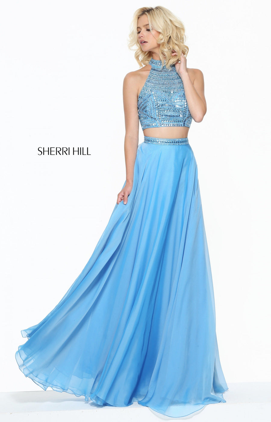 Sherri Hill style 50809 in pink, High Neck Beaded Bodice with Chiffon Skirt