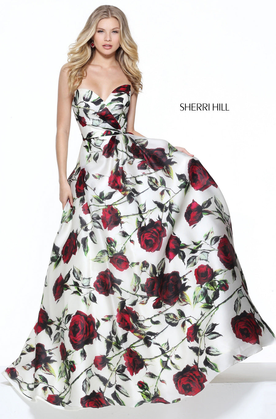 Sherri Hill style 50826 in ivory print, Floral Organza Ball Gown