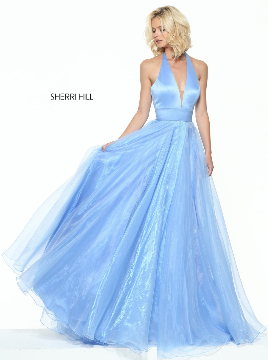 Sherri Hill style 50834 in wine, Halter Bodice with Organza A-Line Skirt