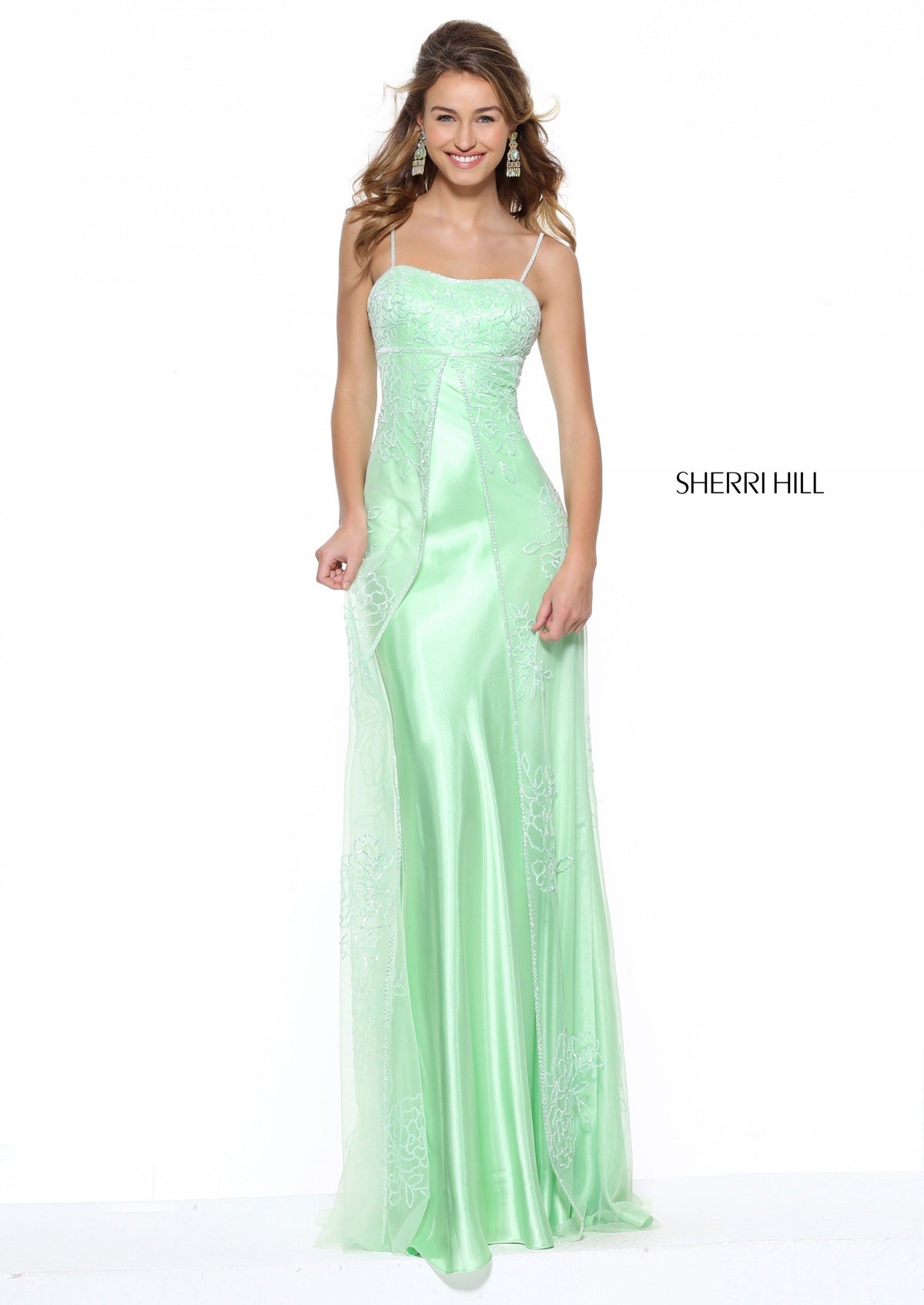 Sherri Hill 50862 satin column gown in light green