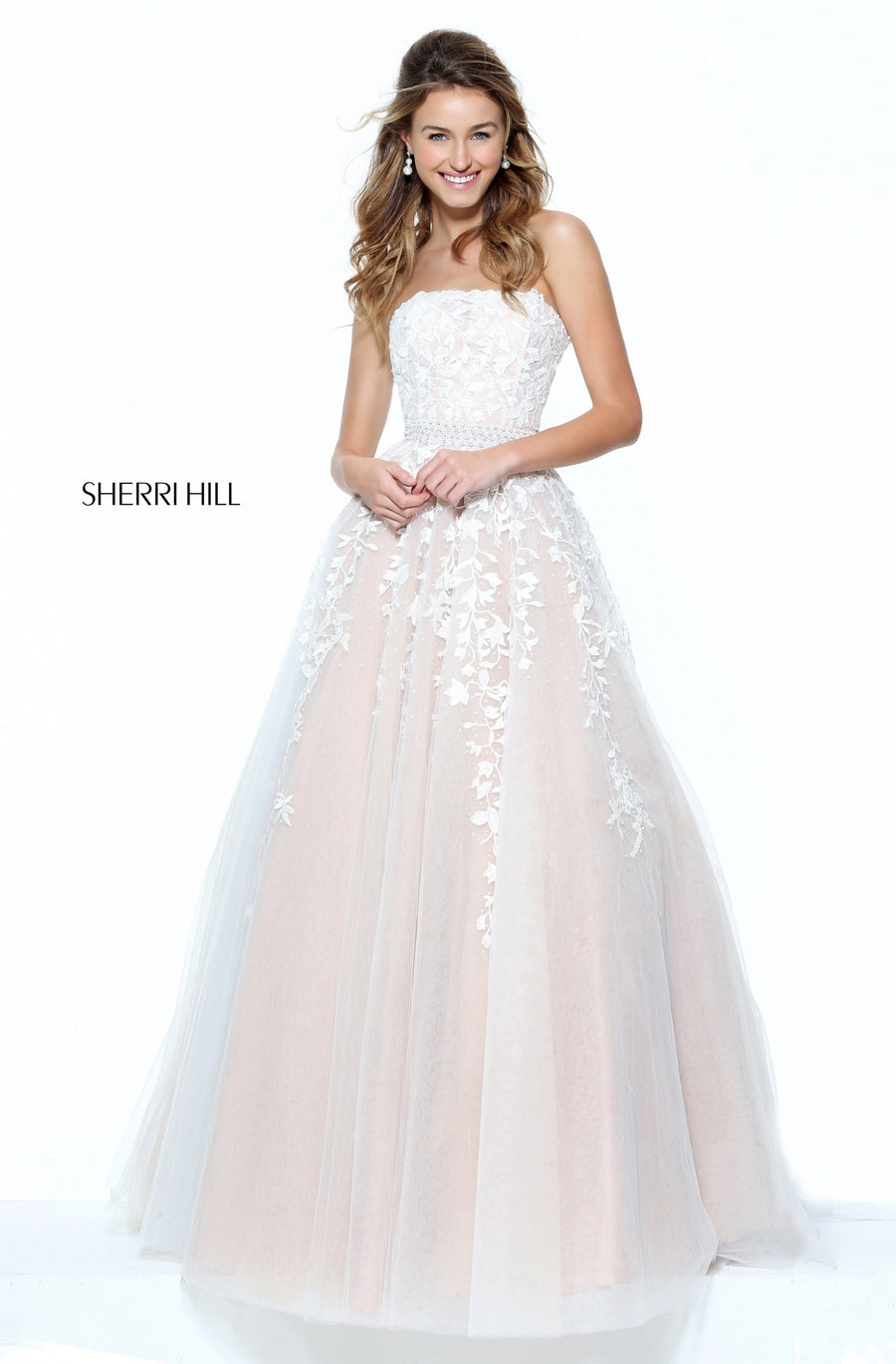 Sherri Hill style 50864 in light coral/ivory, Strapless Ball Gown with Ivy Lace Bodice
