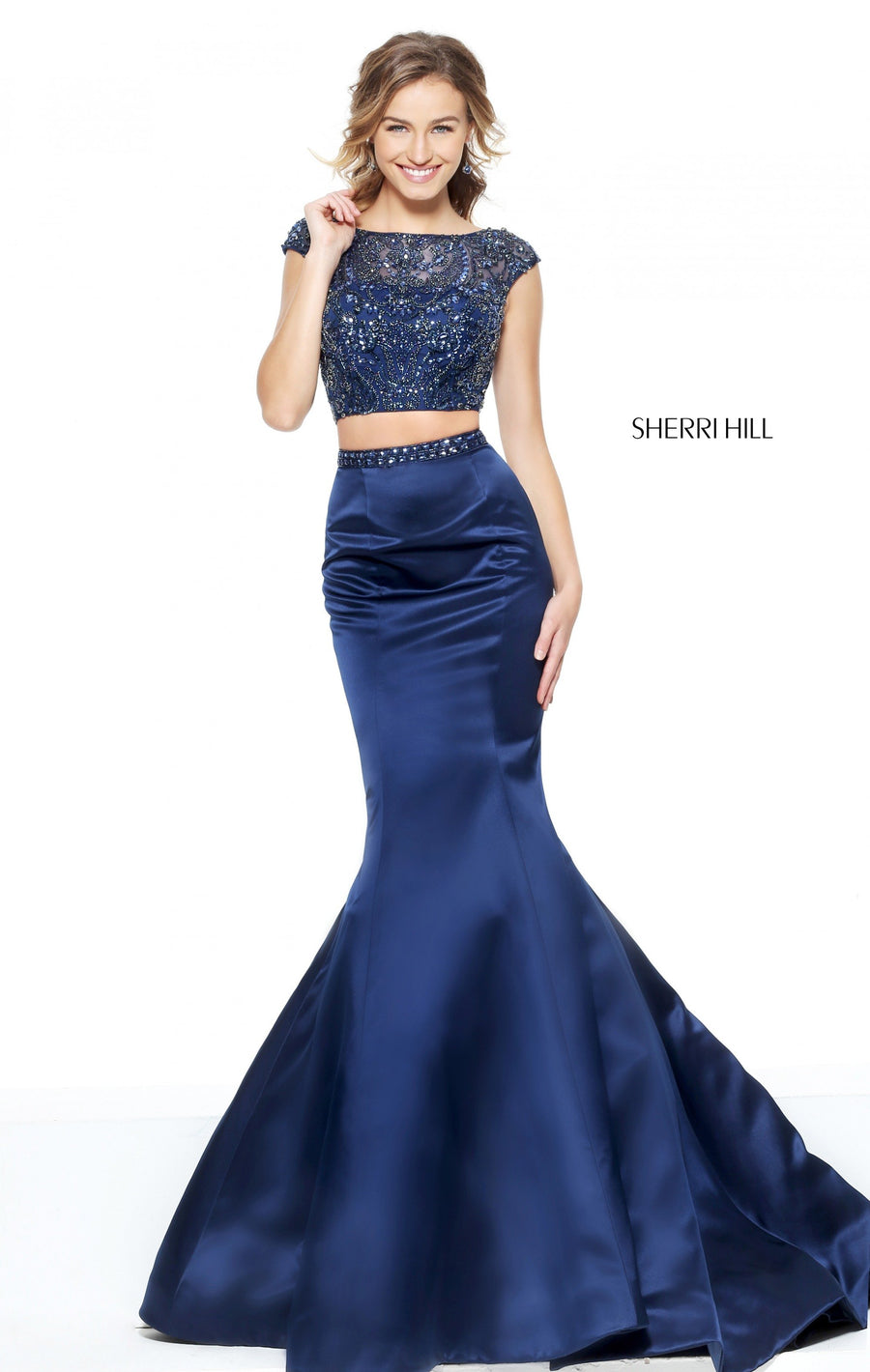 Sherri Hill style 50956 in navy, Two-Piece Satin Mermaid Gown
