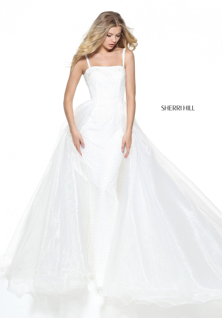 Sherri Hill style 50952 in ivory, Liquid Beaded Column Organza Over Skirt