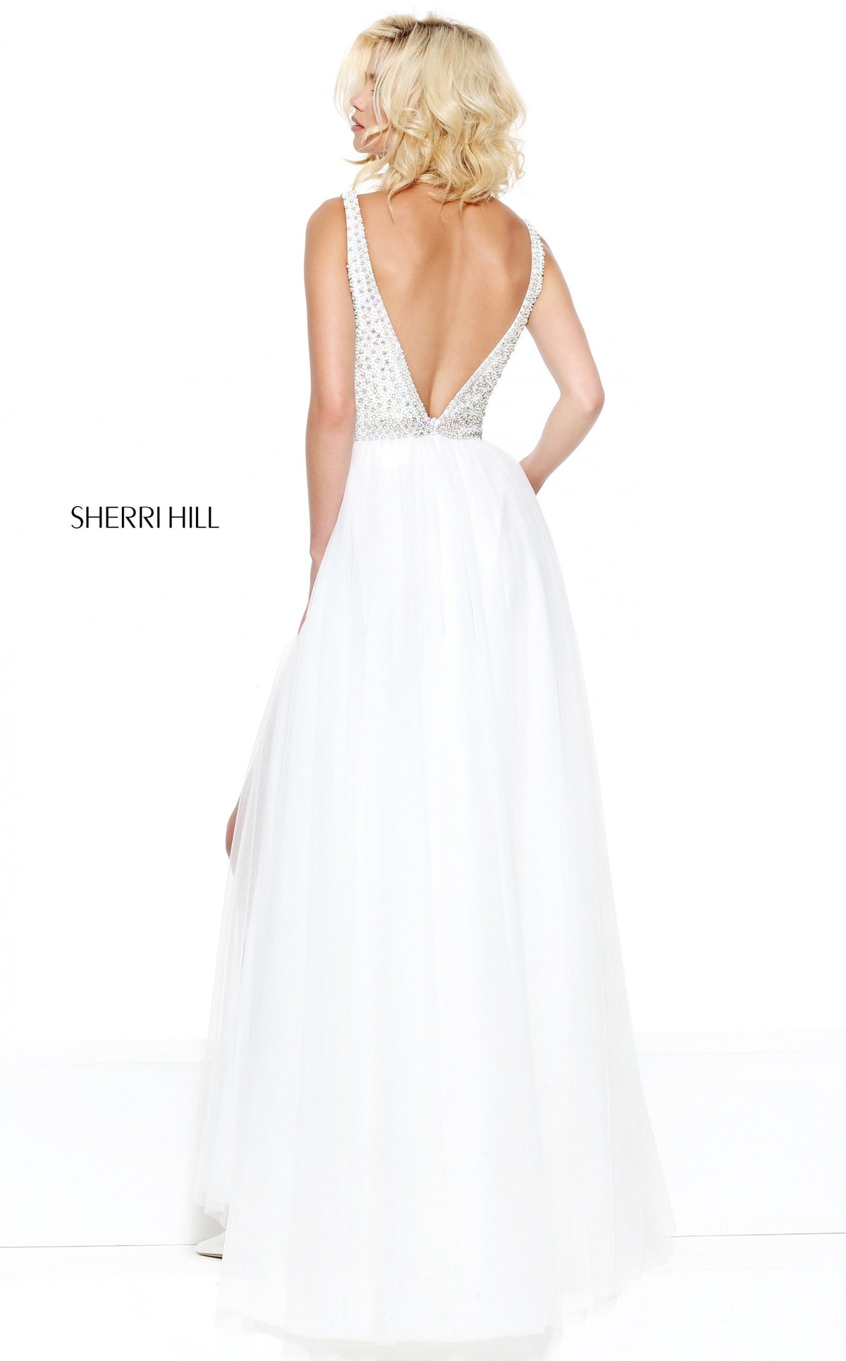 Sherri Hill 50868 V-neck beaded bodice with tulle skirt