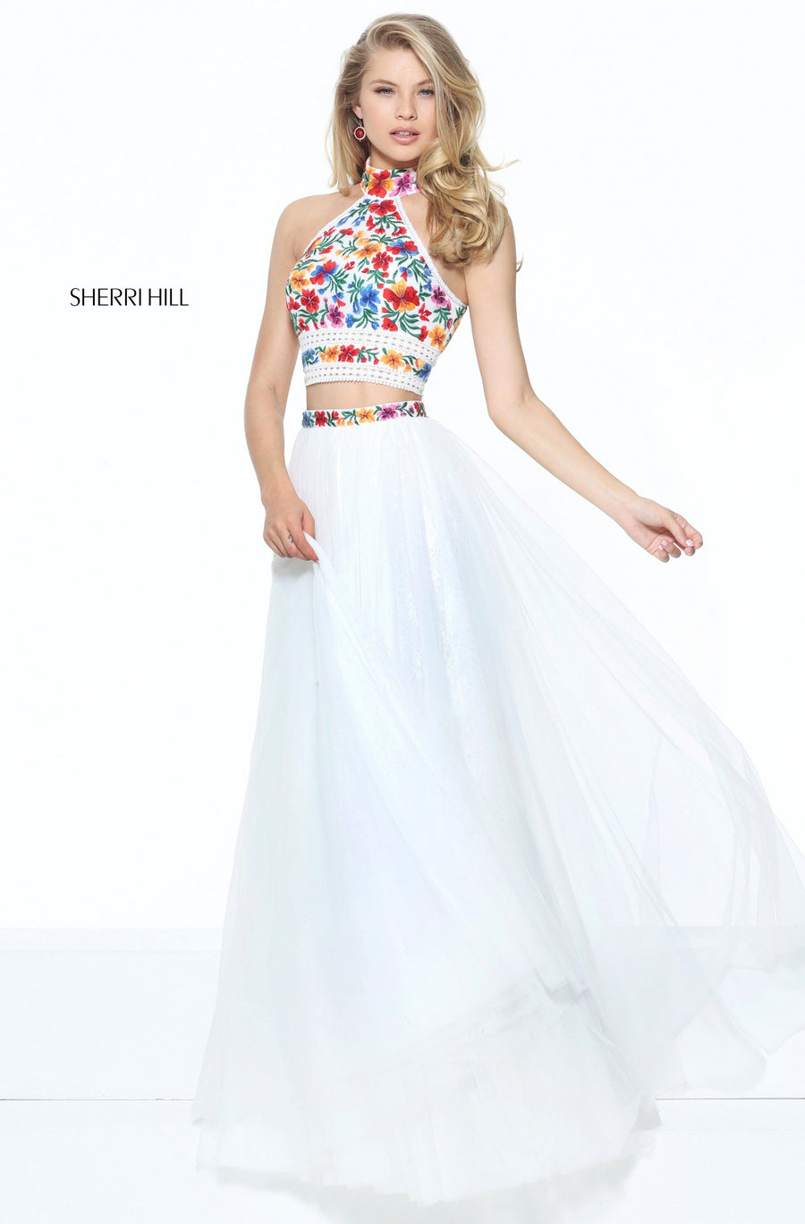 Sherri Hill style 50870 in ivory/multi, Floral Embroidered Bodice with Tulle Skirt