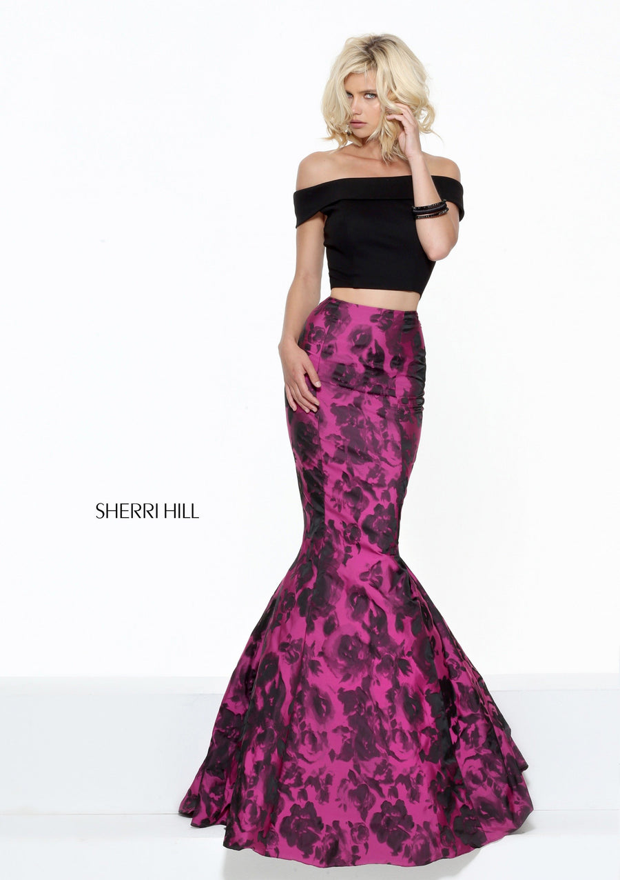 Sherri Hill style 50876 in black/red, Two-Piece Mermaid Jacquard Print Skirt