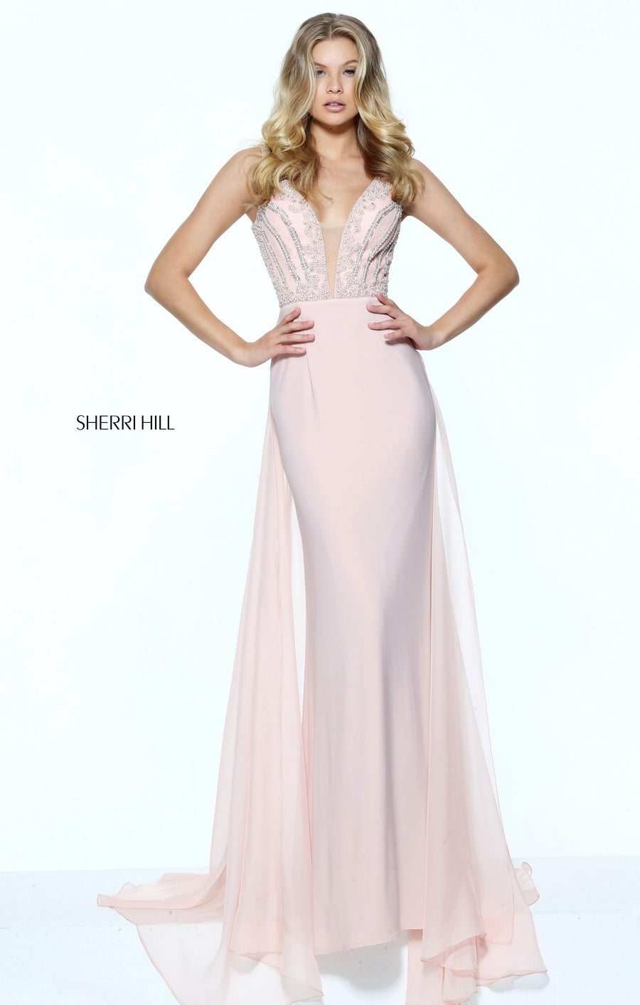 Sherri Hill style 50882 in blush, Fitted Jersey Chiffon Over Skirt