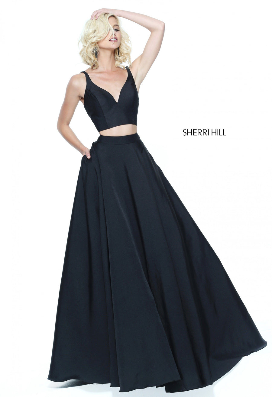 Sherri Hill style 50894 in red, Two-Piece Gown with V-Neck Crop Top
