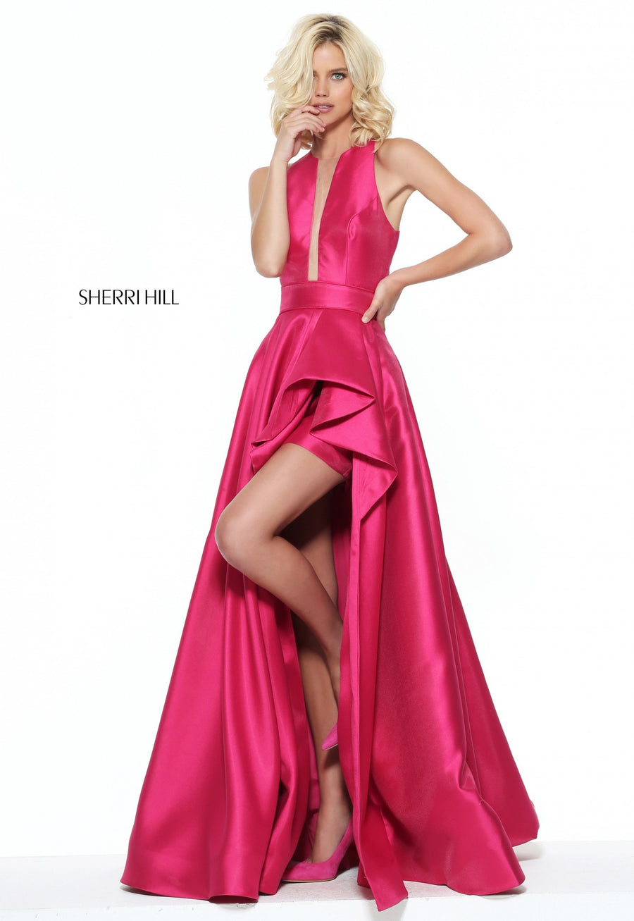 Sherri Hill style 50895 in fuchsia, Mikado A-Line Gown with Kick Pleat Front