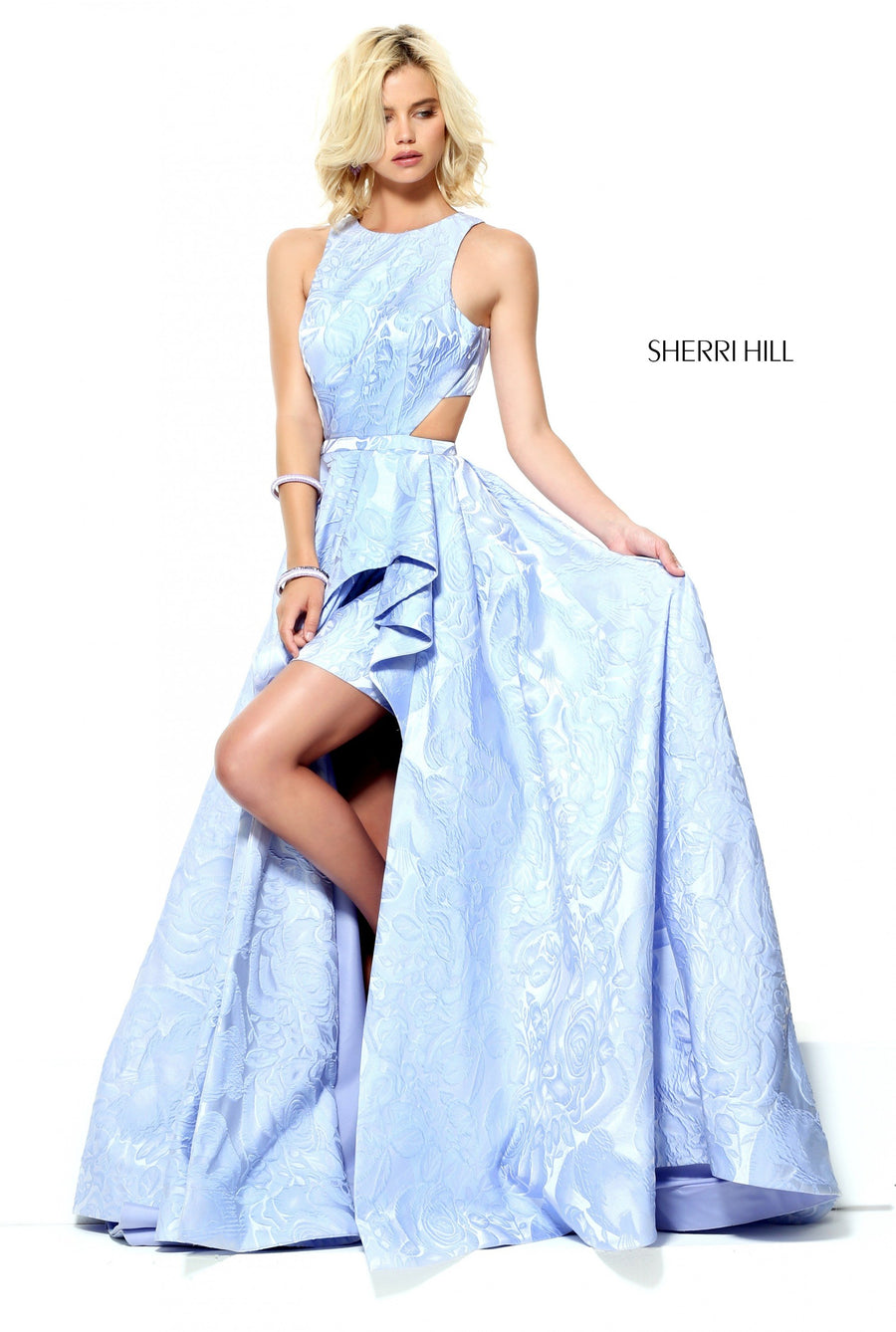 Sherri Hill style 50896 in lilac, Jacquard A-Line Gown with Kick Pleat Front