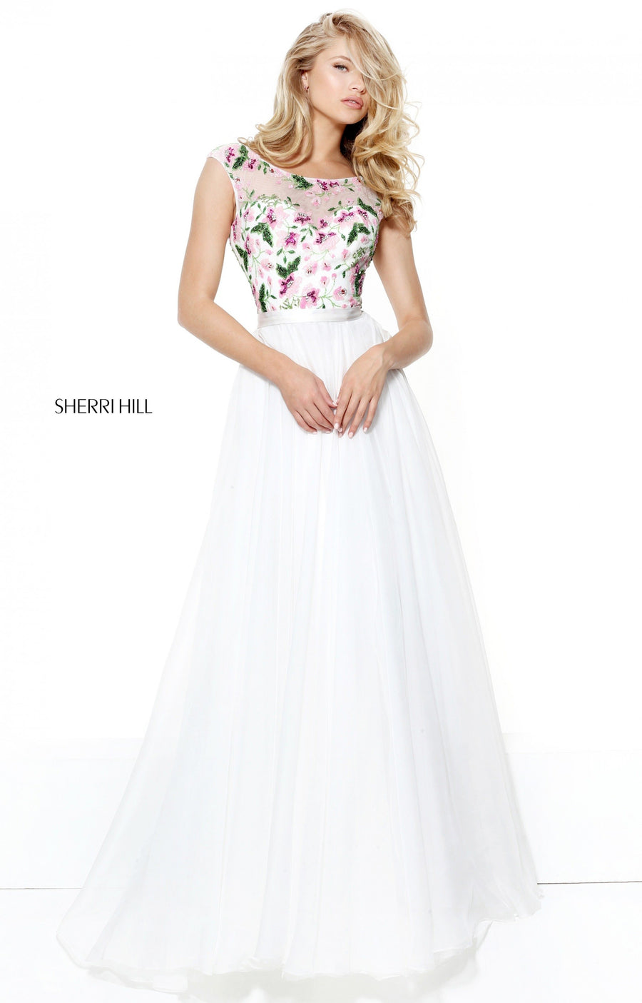 Sherri Hill style 50904 in ivory, Cap Sleeve Bead Bodice with Chiffon Skirt