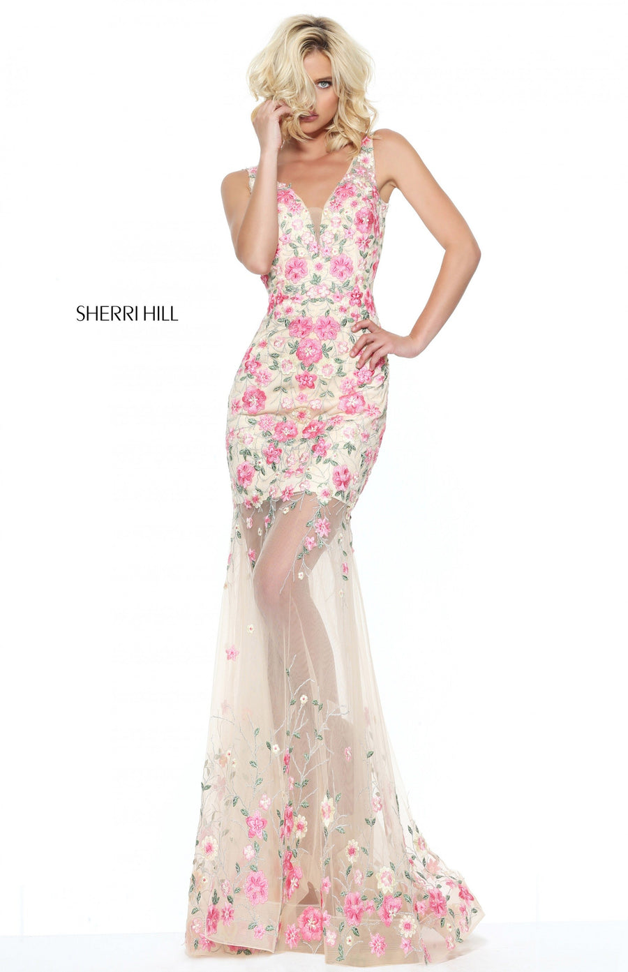 Sherri Hill style 50914 in nude/pink, Embroidered Chiffon Gown with Sheer Skirt