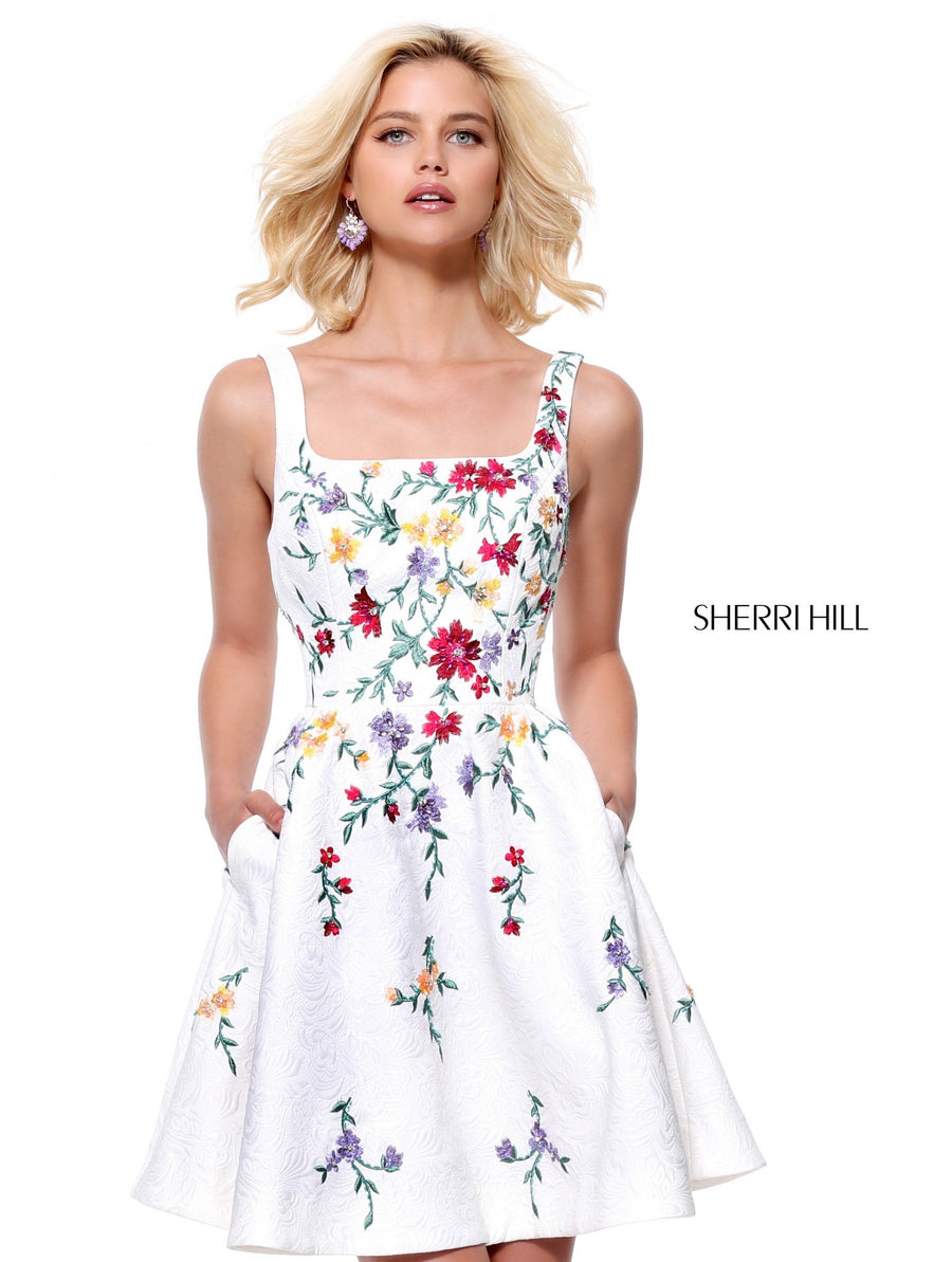 Sherri Hill style 50918 in ivory/multi, Square Neck Cocktail A-Line Dress