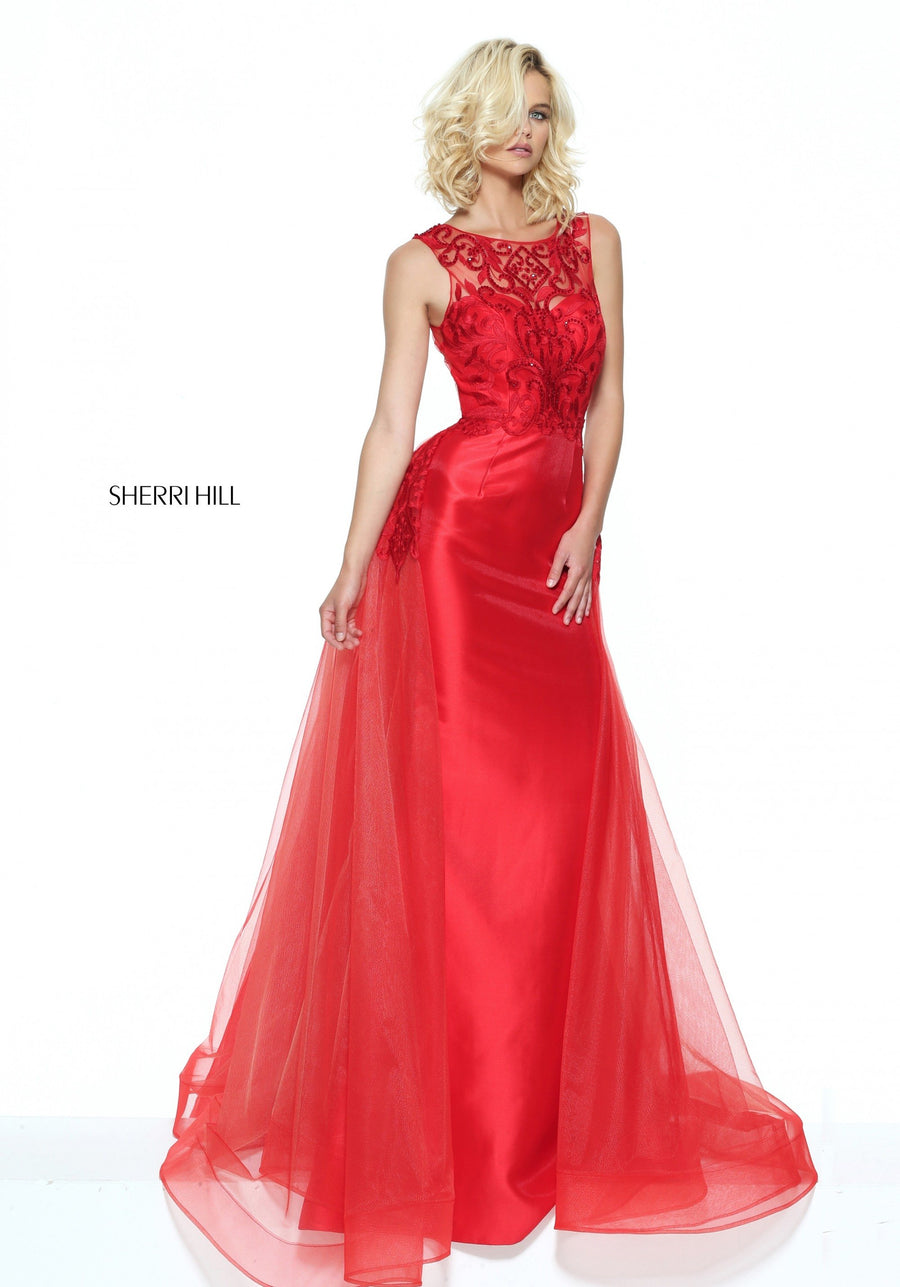 Sherri Hill style 50922 in red, Fitted Column Tulle Over Skirt