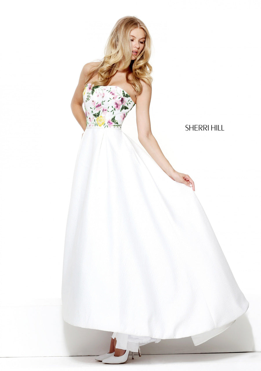 Sherri Hill style 50926 in ivory/multi, Strapless Audrey Length Dress