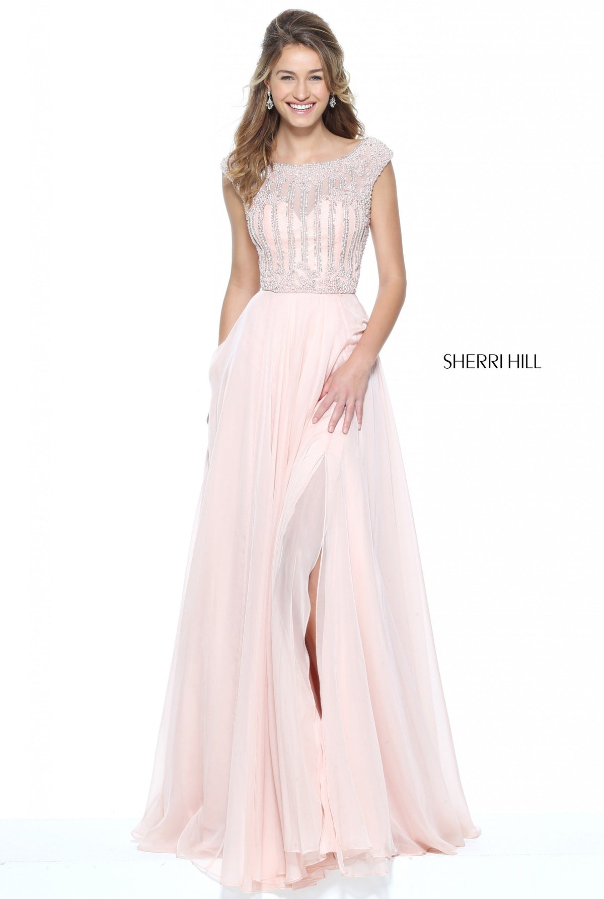 Sherri Hill 50929 chiffon cap sleeve gown in blush