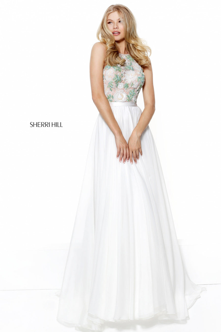 Sherri Hill style 50931 in ivory, Floral Beaded Bodice with Chiffon Skirt