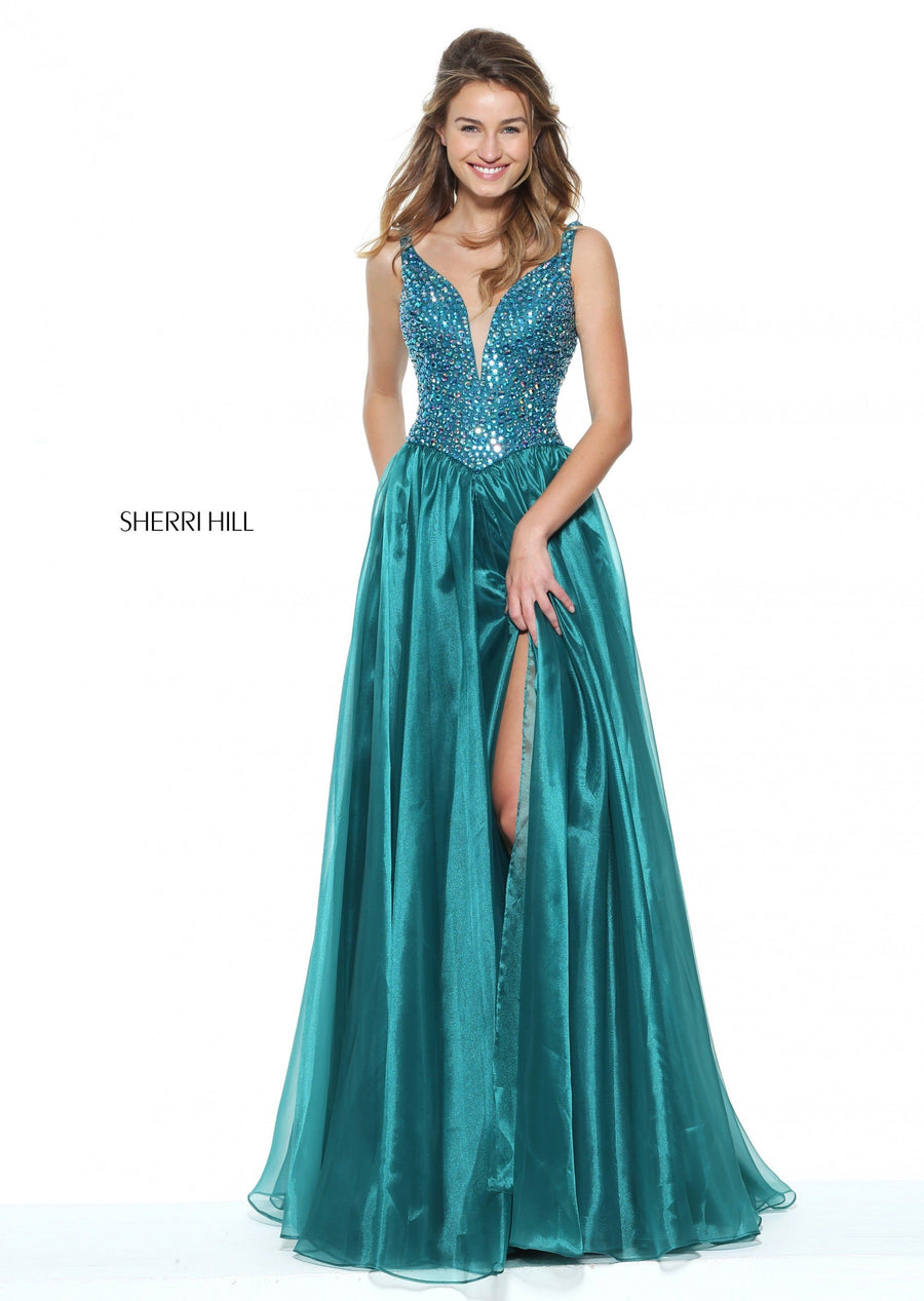Sherri Hill style 50935 in burgundy, Deep-V Bodice with Organza A-Line Skirt