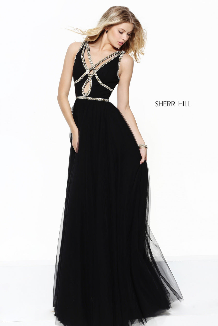 Sherri Hill style 50937 in black, Cut Out Bodice with Tulle A-Line Skirt