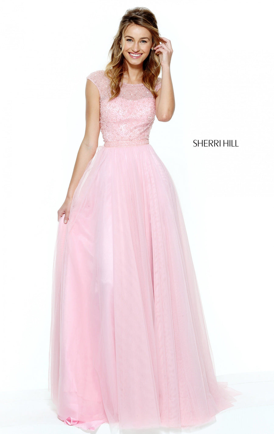 Sherri Hill style 50939 in pink, Beaded Bodice with Tulle A-Line Skirt