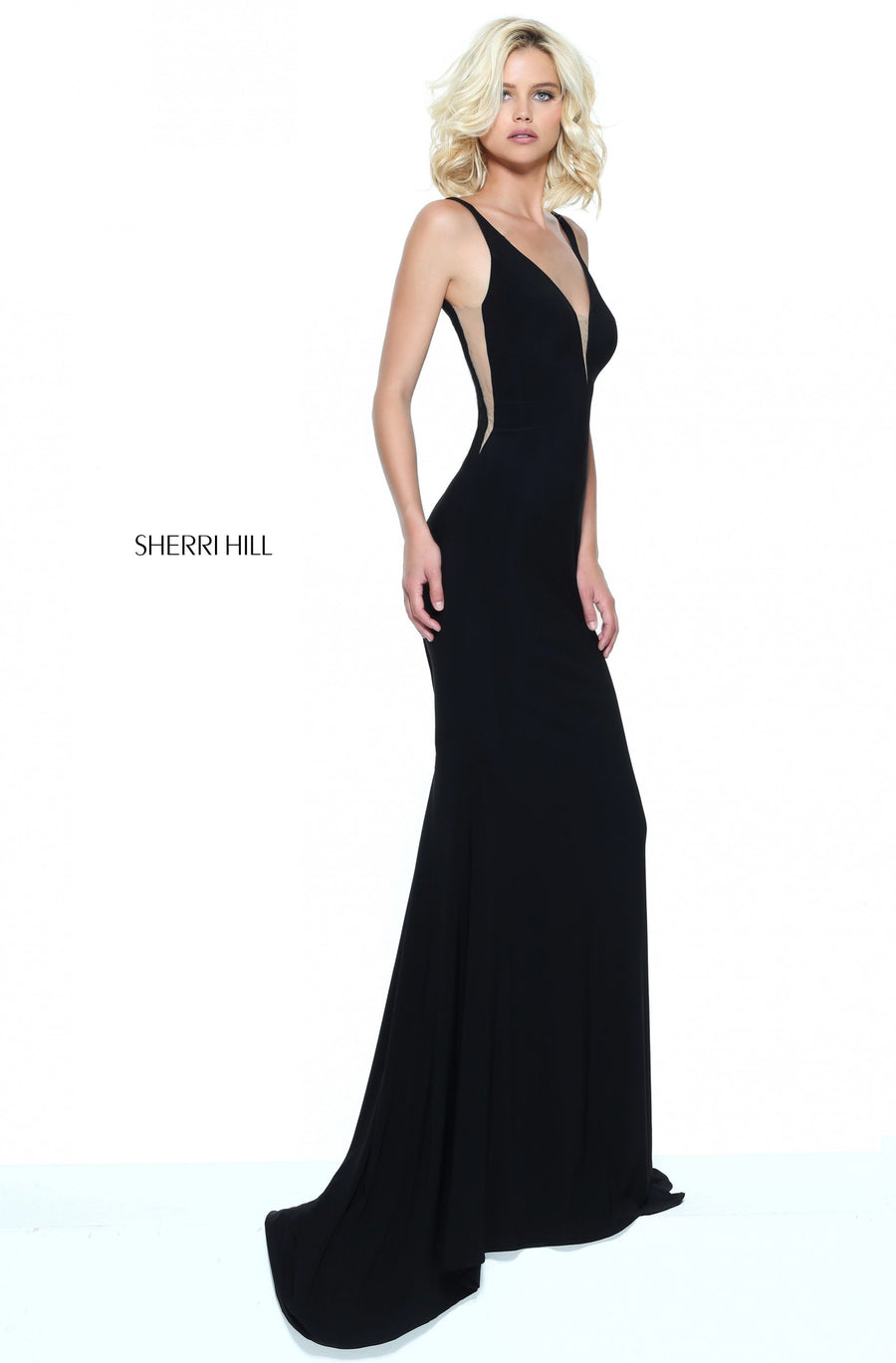 Sherri Hill style 50940 in black, Fitted Jersey Gown with V Neckline