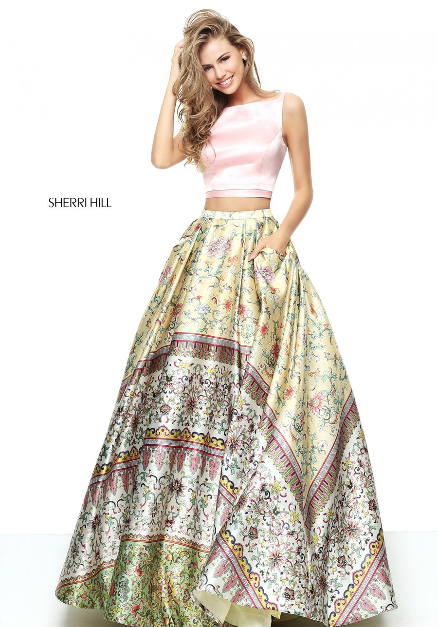 Sherri Hill style 50924 in pink/yellow print, Printed Two Piece Ball Gown