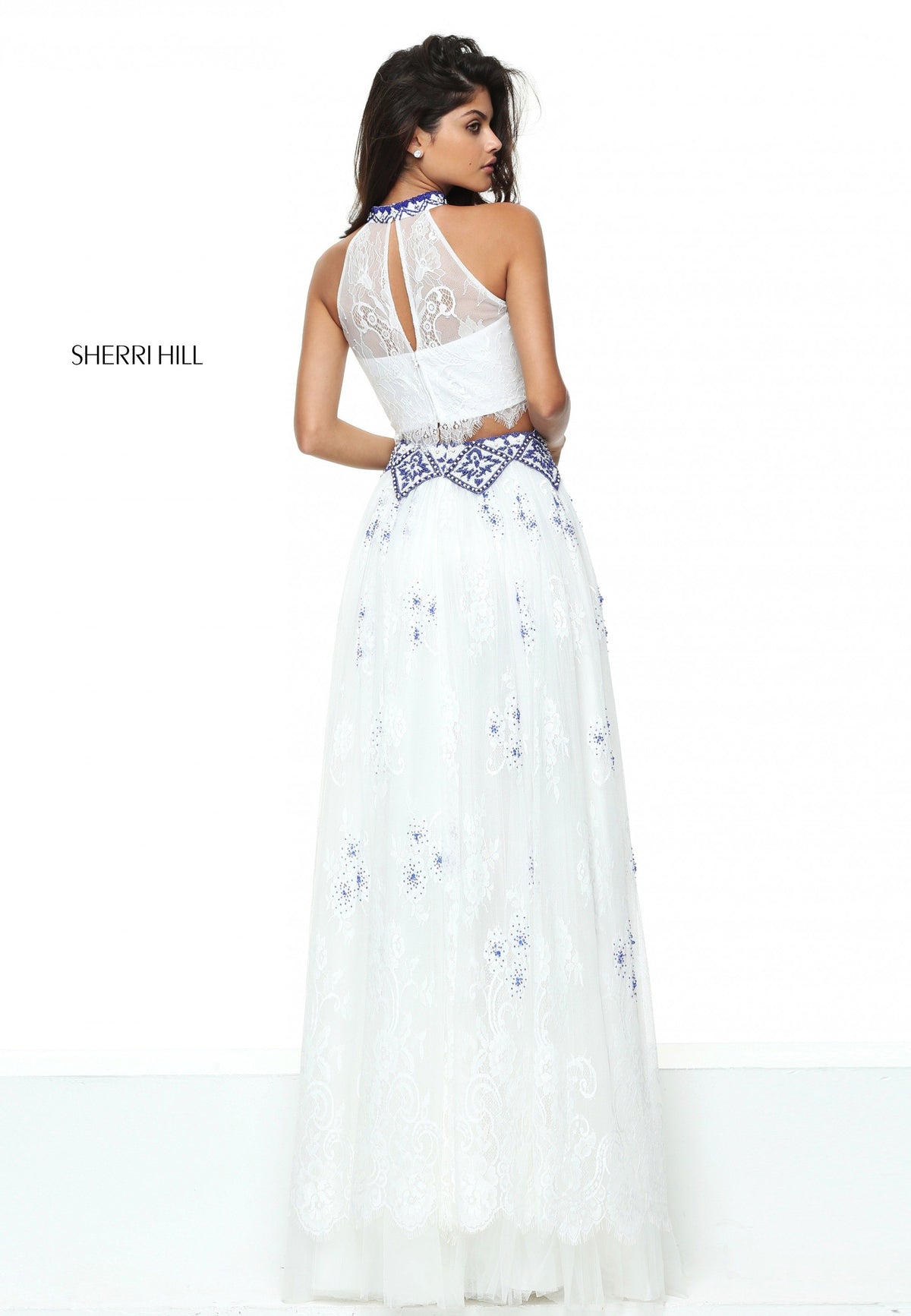 Sherri Hill 50977 lace two-piece gown in ivory/royal