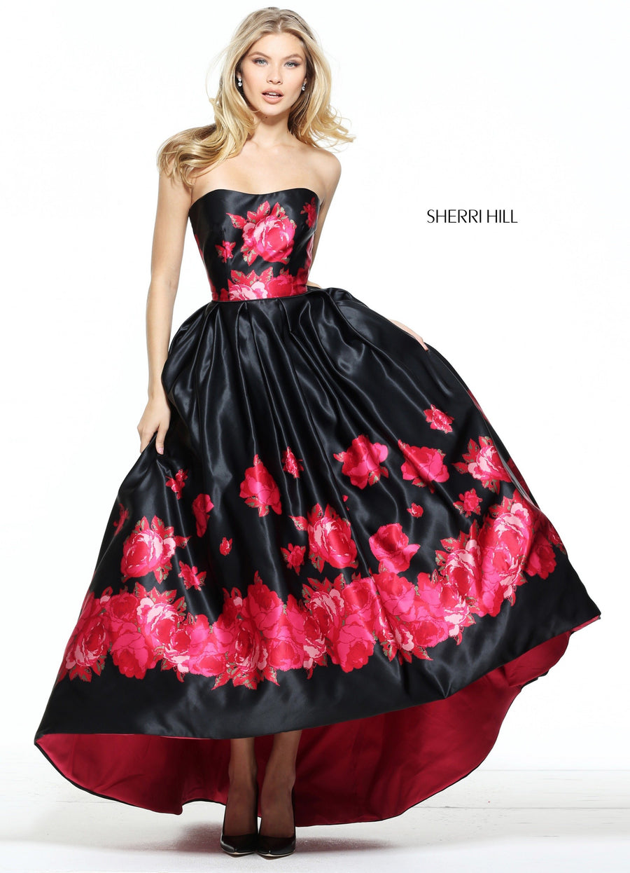 Sherri Hill style 51055 in black/red print, Satin Floral Print Audrey Length Gown