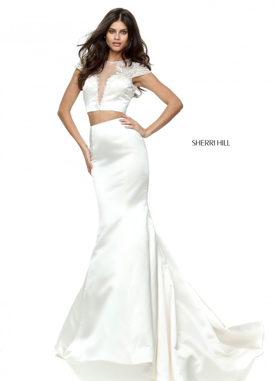 Sherri Hill style 51146 in blush, Two-Piece Satin Mermaid Gown