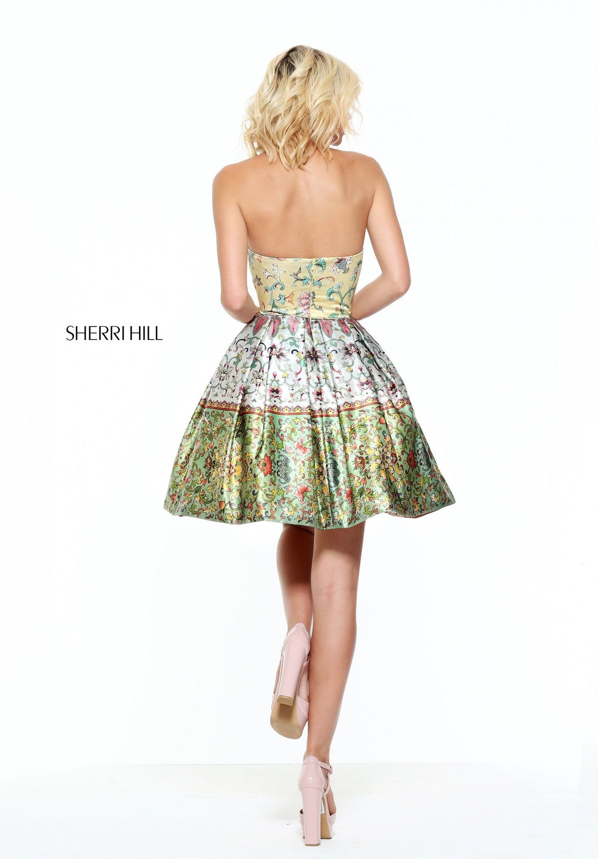 Sherri Hill 50796 sweetheart multi print cocktail gown in yellow print