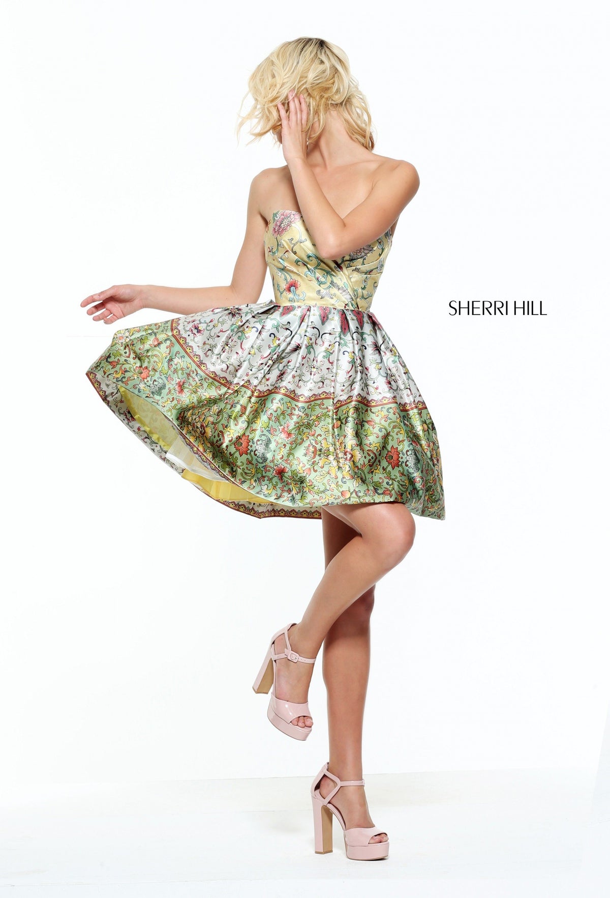 Sherri Hill 50796 sweetheart multi print cocktail gown in yellow print