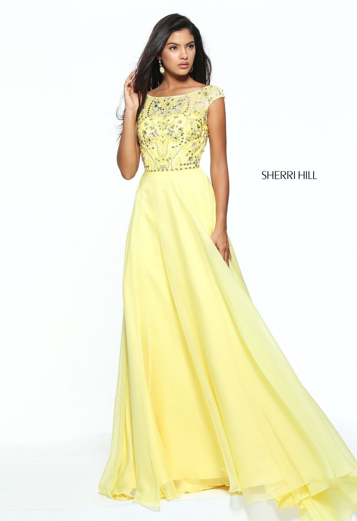 Sherri Hill 50849 cap sleeve bodice with chiffon skirt in yellow