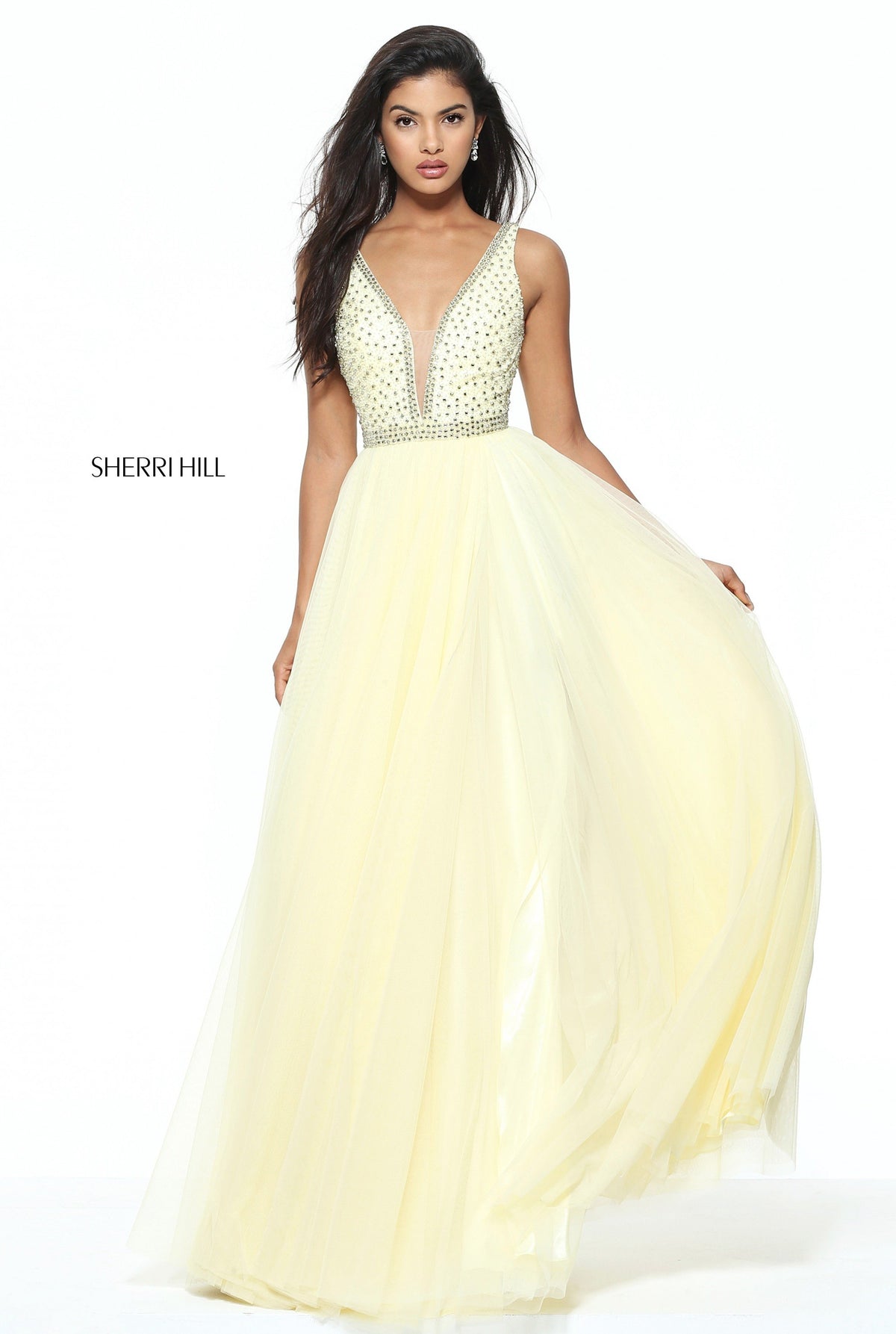 Sherri Hill 50868 V-neck beaded bodice with tulle skirt in yellow